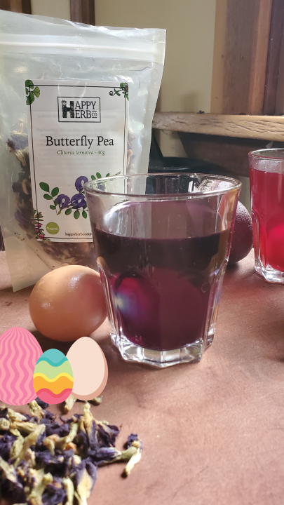 naturally dyed easter eggs with butterfly pea flower